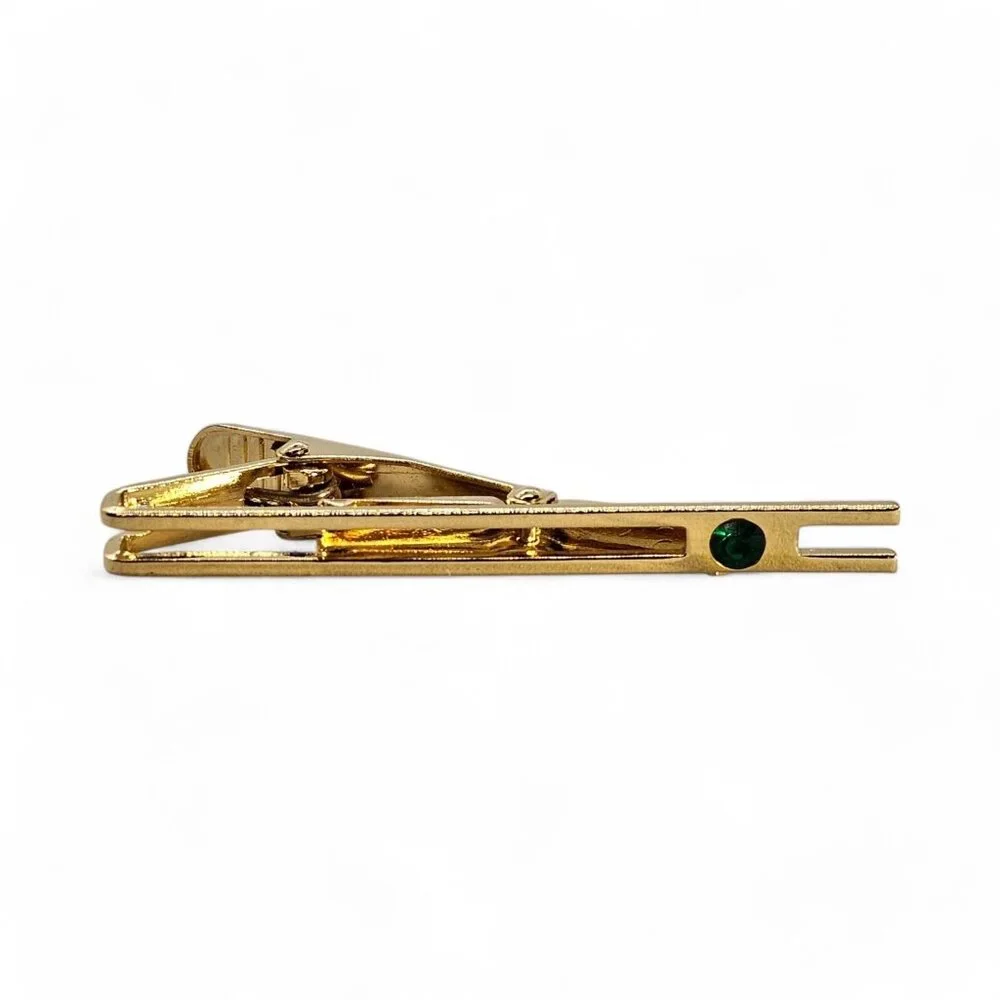 Italian Tie Bar/Clip with green crystal in gold - vintage 1900051